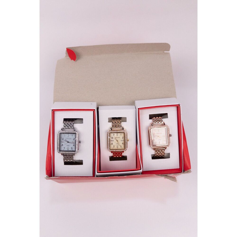 Kessaris Women's Quartz Watch Lot 3 Silver Gold Rose Gold Crystal Rectangle